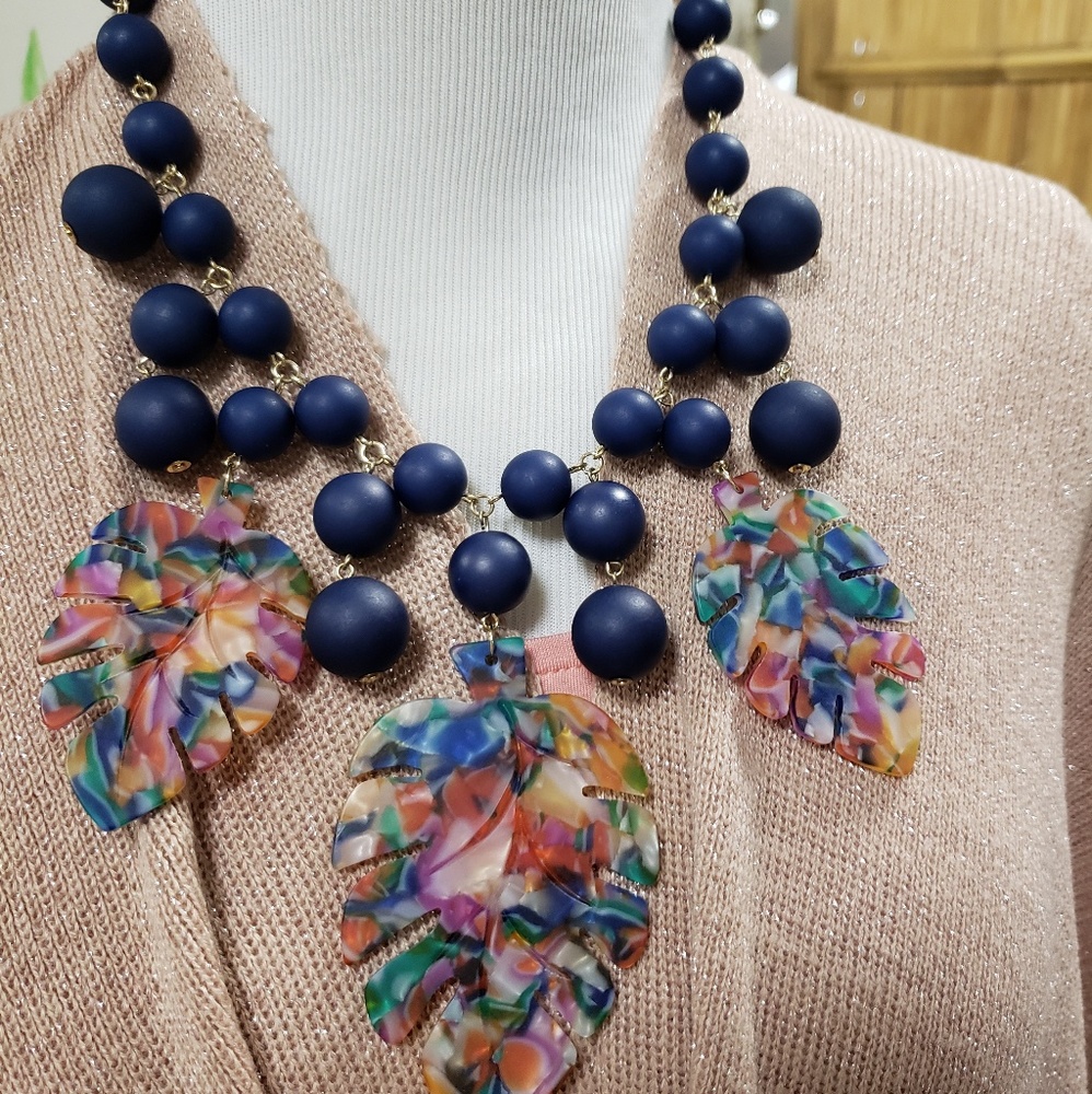 Multicolored leaf and bead statement necklace